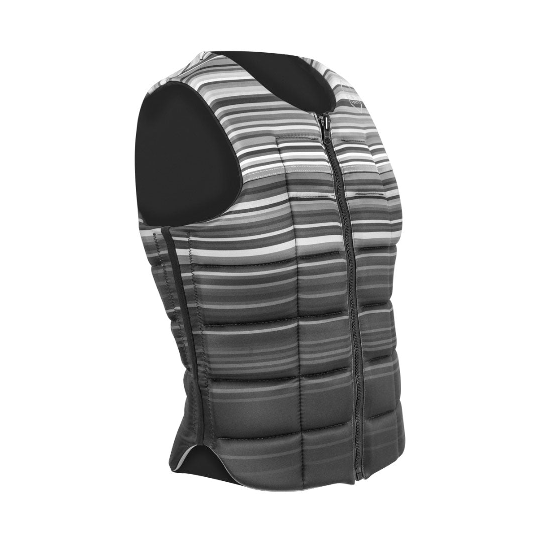 Front angled view of a zip-up comp vest with flex panel architecture and horizontal striped pattern in varying shades of gray and black.