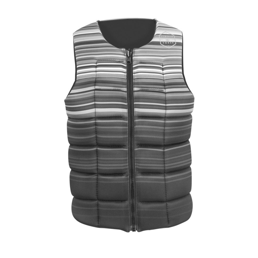 Front view of a black and gray striped wakeboard comp vest with horizontal padding, front zipper, and a circular logo on the upper right.