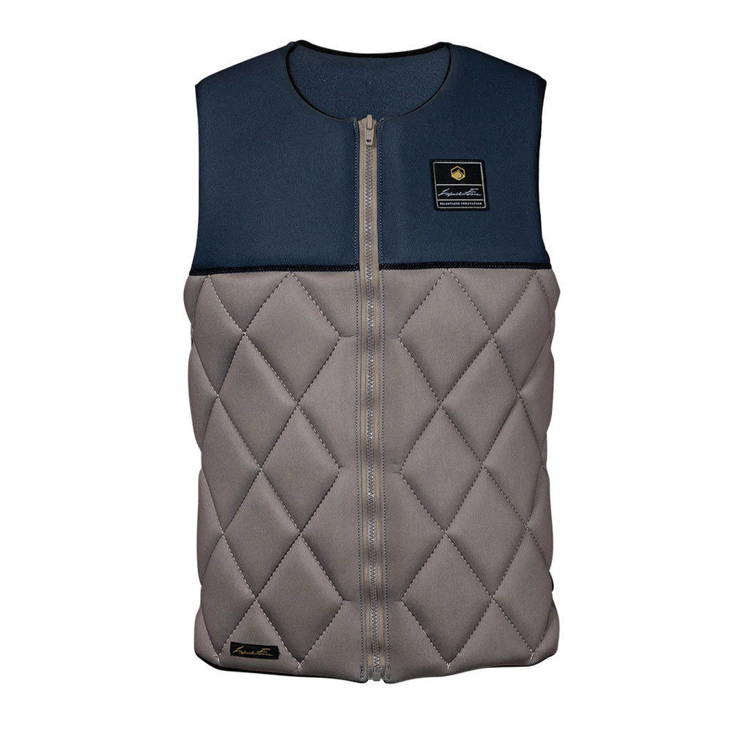 Front view of the Gray 24 Flex Heritage Comp vest with blue yoke and front zipper.