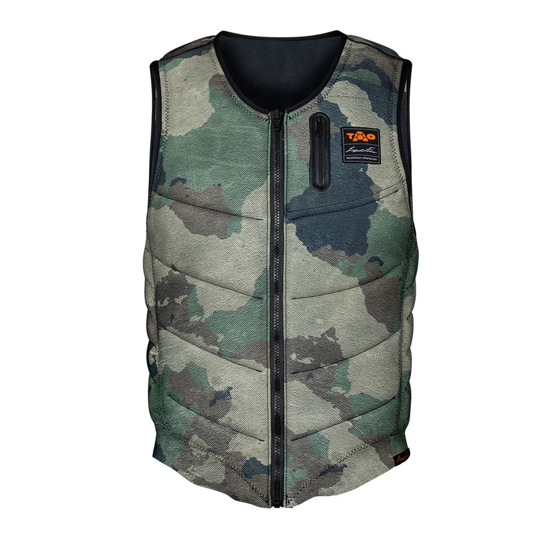 Front view of the Camouflage 24 Squad TAO Heritage Comp vest with front zipper and black label.