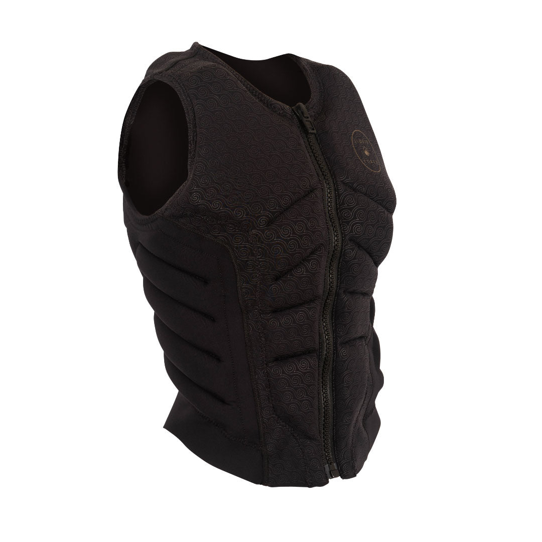 Front view of Womens Ghost Comp: Black zip-up vest with logo on left chest.
