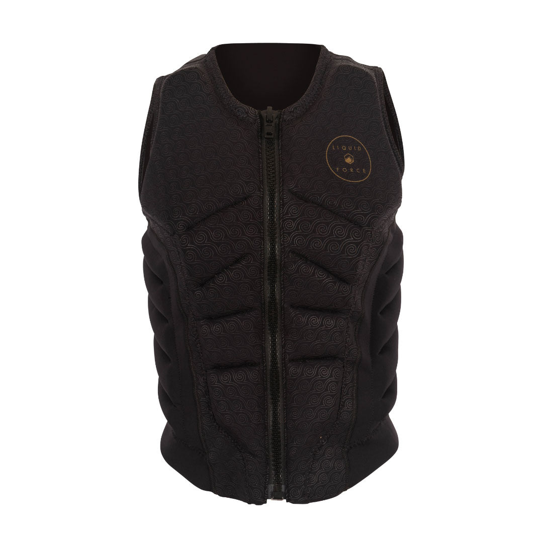 Front view of Womens Ghost Comp: Black zip-up vest with logo on left chest.