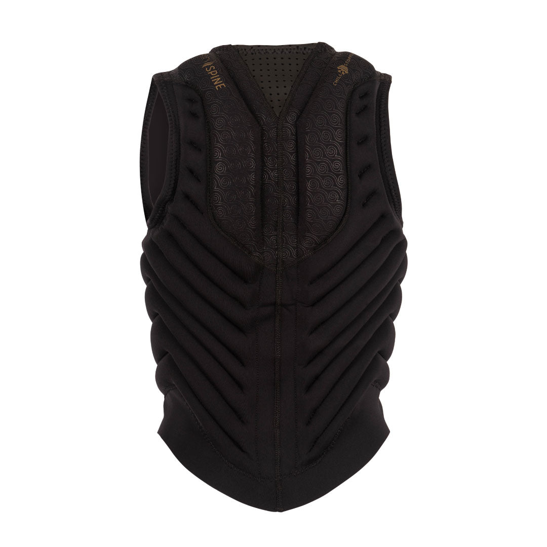 Rear view of Womens Ghost Comp: Black vest with padding, textured design, and front zipper.