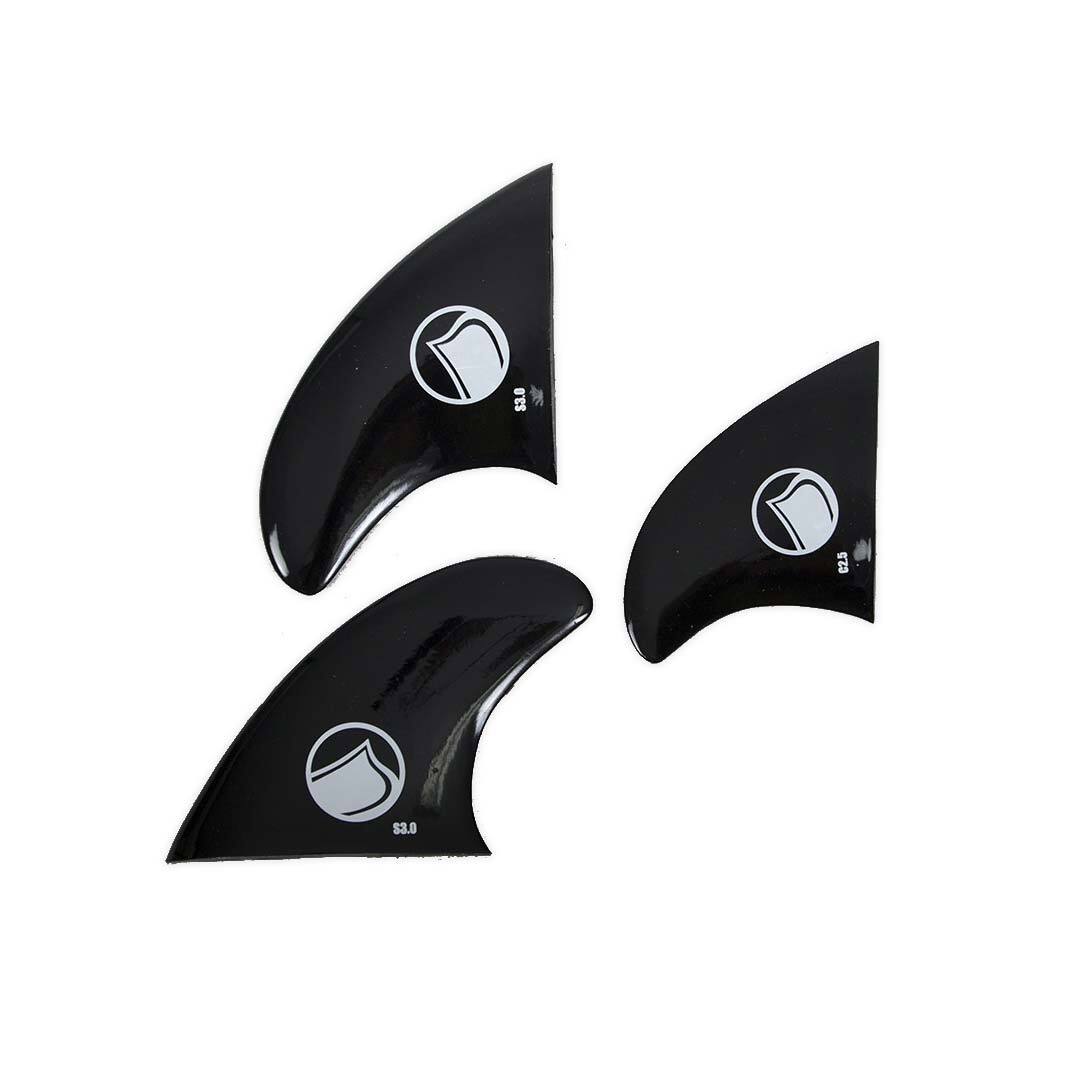 Three Surf Fin Kit 10-24: black fins, white logos, white background.