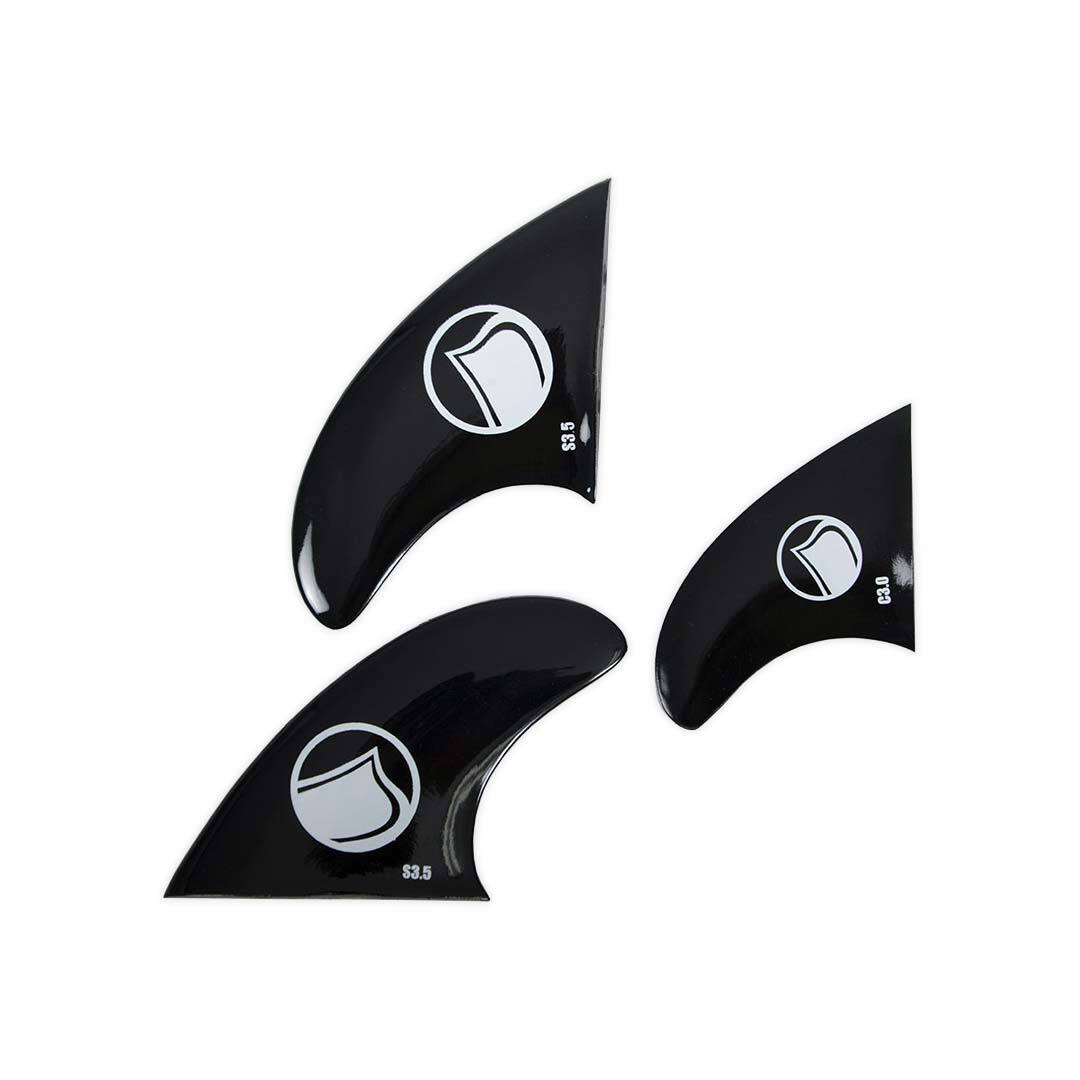 Surf Fin Kit 10-24: Three black fins, various sizes on a white background.