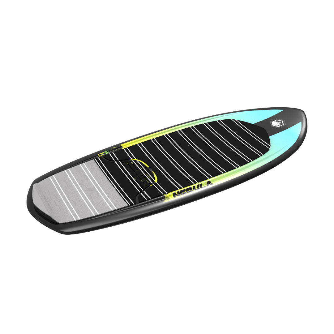 Sleek black and blue 24 Nebula Foil Board with stripes graphic and black / grey foam deck padding.