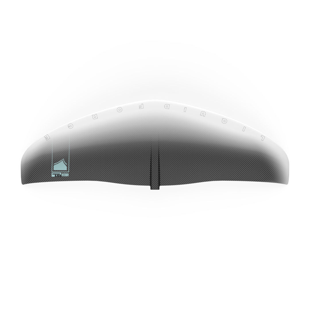 Aerial view of the Horizon Surf 155 Front Wing with a sleek gradient design. Showcasing carbon finish and white graphic on leading edge of the wing.