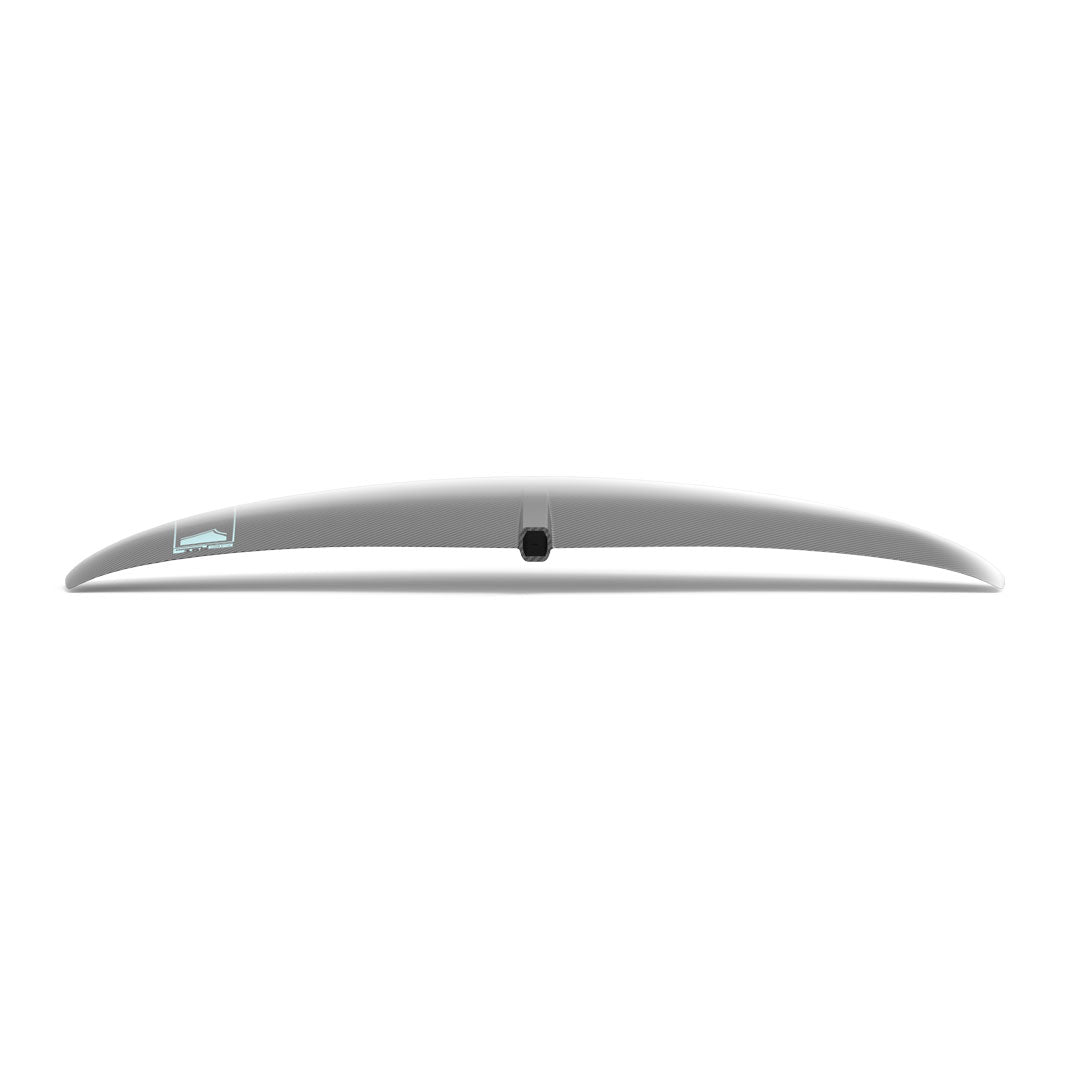 Horizon Surf 155 Front Wing viewed head-on against a white background. Showcasing carbon finish and white graphic on leading edge of the wing.