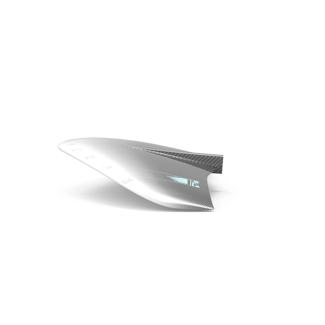 Side profile view of the Horizon Surf 155 Front Wing against a white background. Showcasing carbon finish and white graphic on leading edge of the wing.