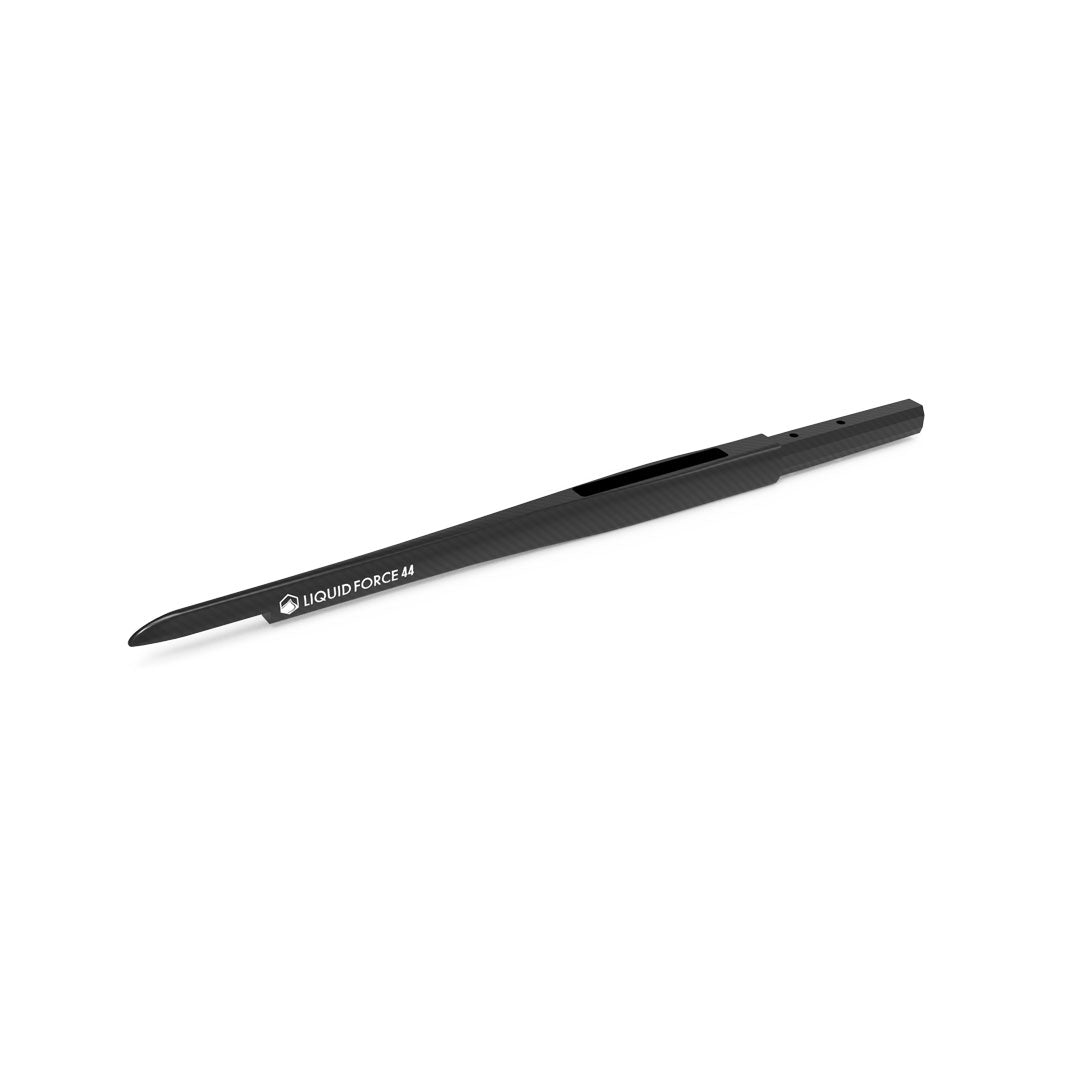 Angled view of a black carbon fuselage with white Liquid Force text and branding.