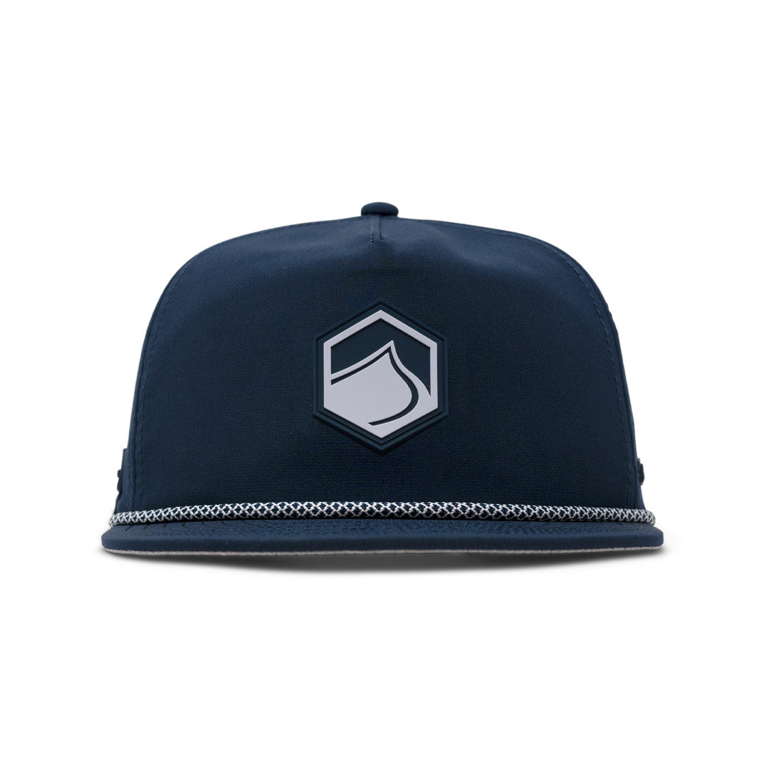 LF x melin Coronado Hydro hat: dark blue, geometric logo, patterned brim.