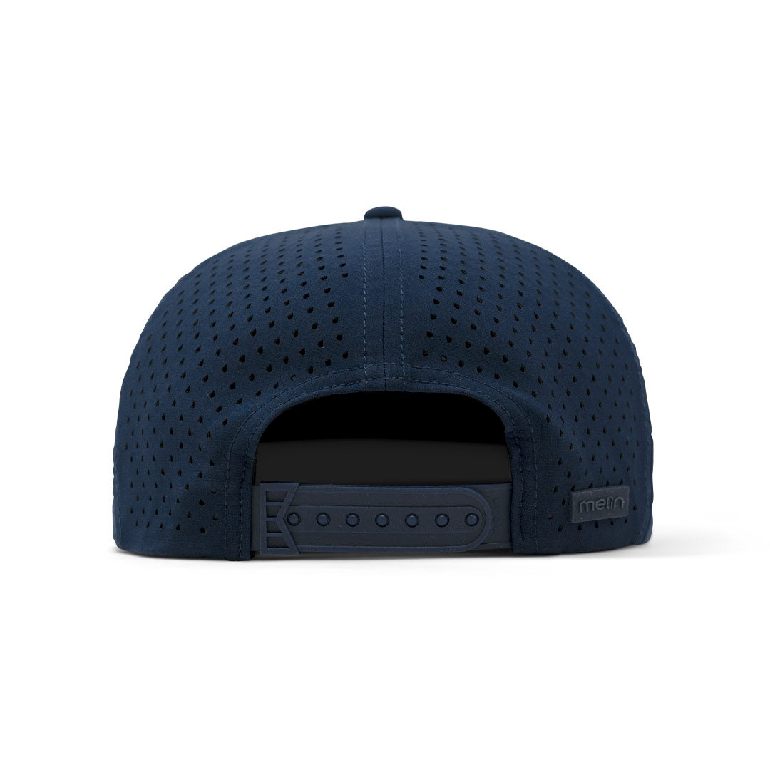 Back view of the LF x melin Coronado Hydro Snapback Hat in dark blue with adjustable strap.