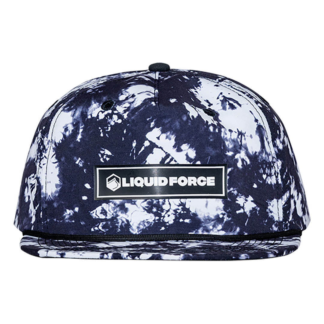 Revert Snapback Hat: black and white tie-dye with Liquid Force logo patch on the front.