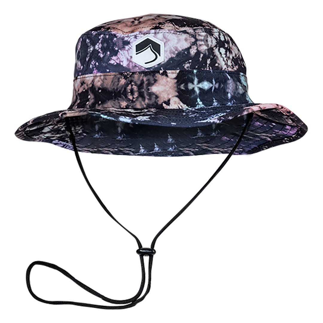 Shady Boonie Hat: Tie-dye, chin strap, geometric logo.