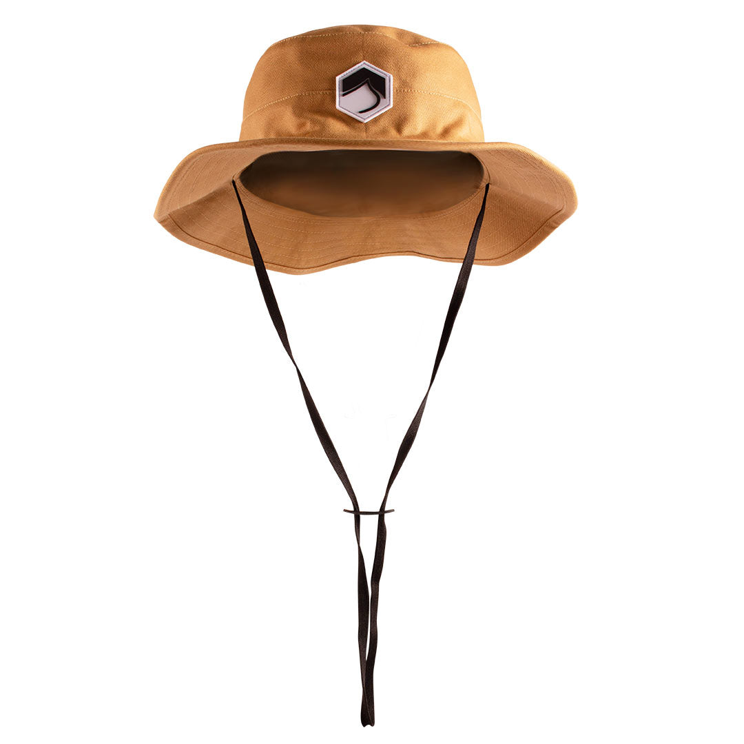 Shady Sun Hat: tan with a chin strap and geometric front logo.