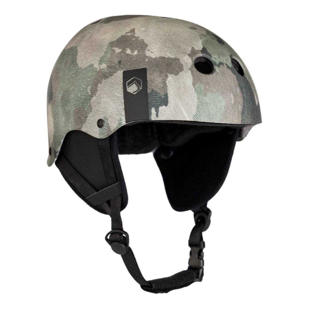 Front angled view of the 24 Flash Helmet: Camouflage pattern, black straps, and vents.