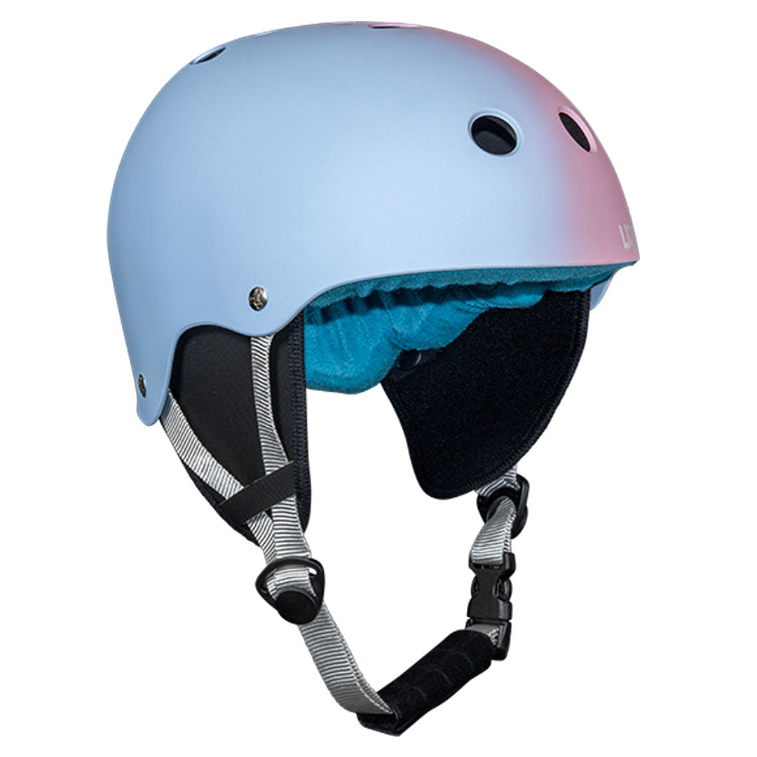 Front angled view of the 24 Claudia Flash Helmet: Blue with vents, chin strap, and comfortable ear covers.