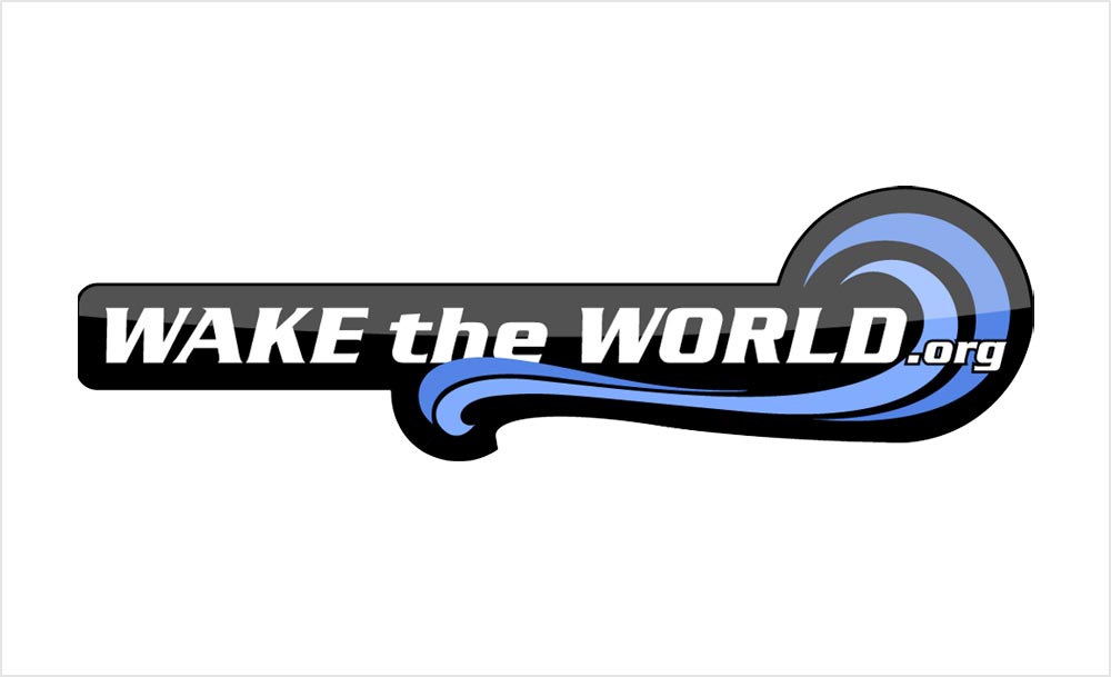 Wake the World logo in black, white, and blue.