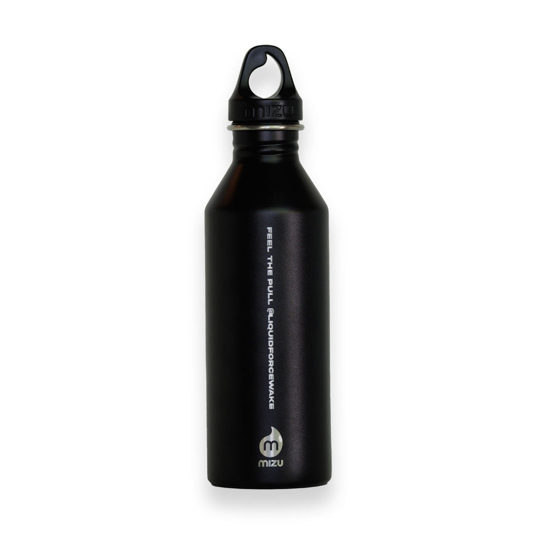 LF x MIZU Water Bottle - Black metal with loop cap &amp; vertical banner lettering.