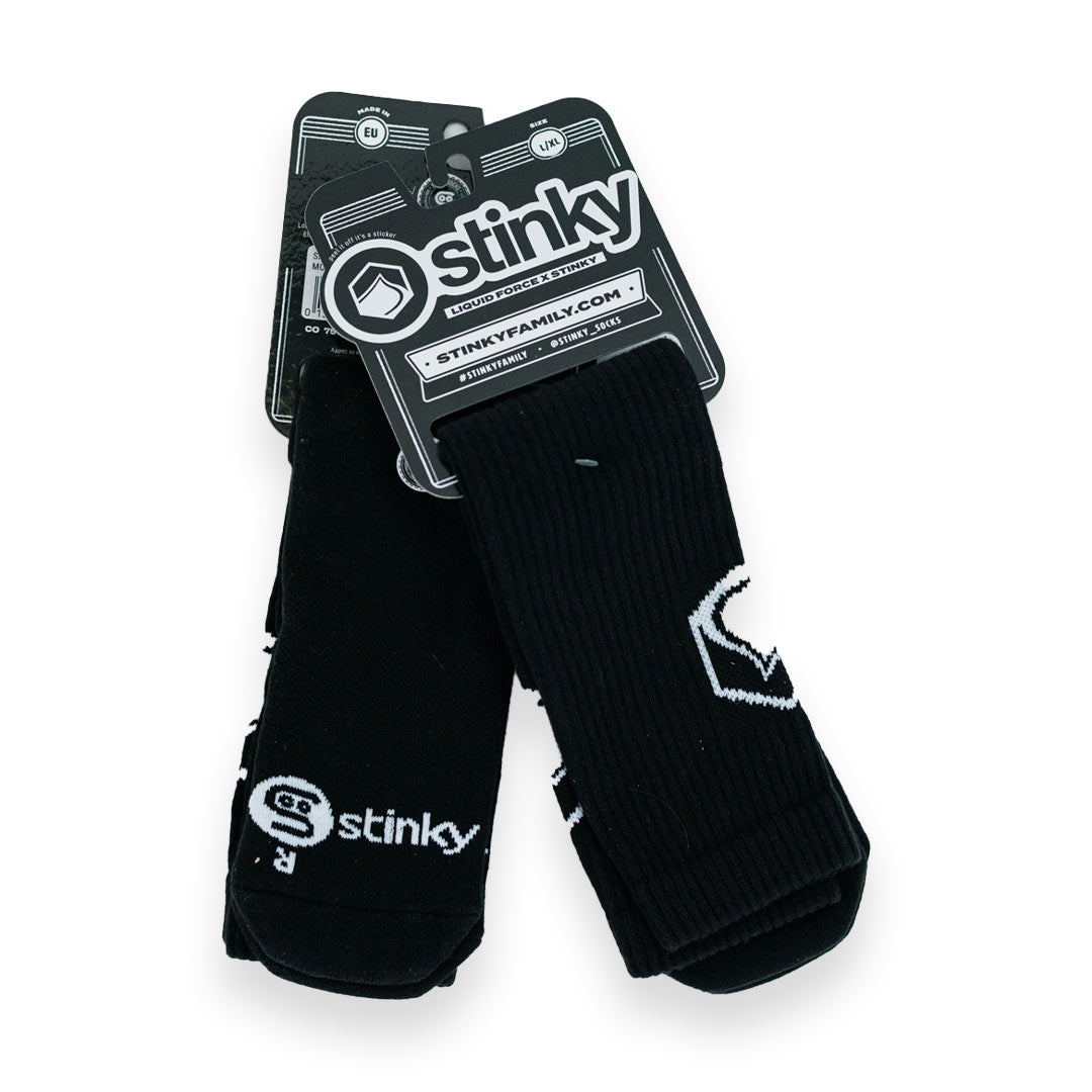 Two pairs of LF x Stinky Crew Socks with branded tags viewed from above the product looking down.