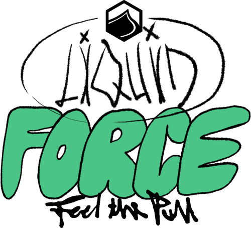 Logo with green text 'LIQUID FORCE' and a stylized figure above it on a white background