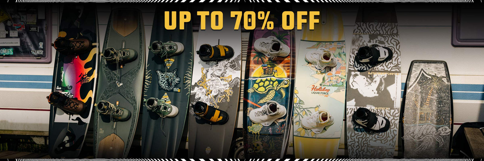 Promotional banner with discounted wakeboards and text 'Up to 70% Off' on a dark background.