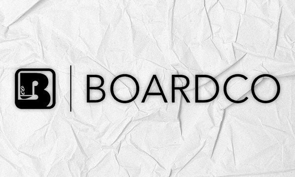 Logo with B on left and BOARDCO text on rustic paper.