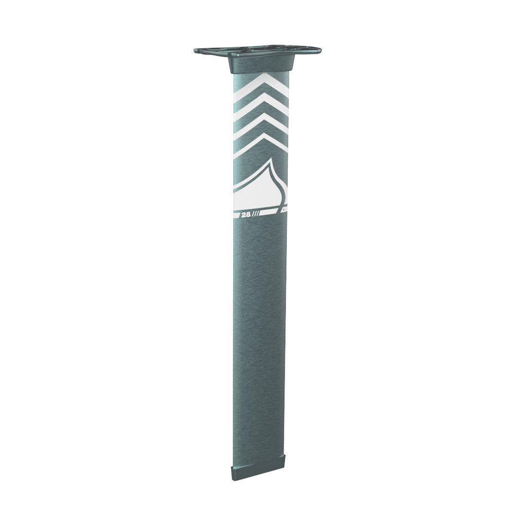 Teal aluminum hydrofoil mast with white accents and branding, against a white background.