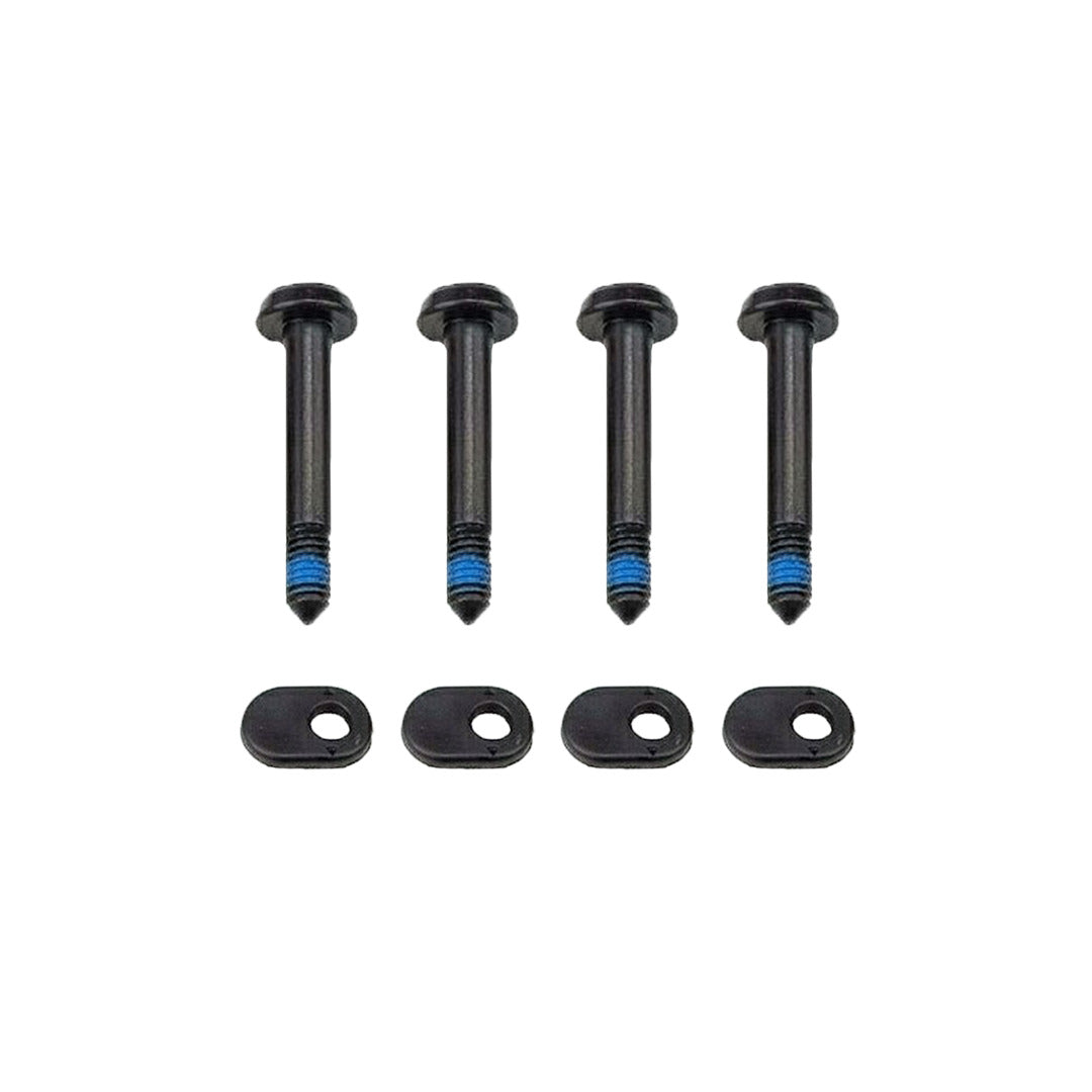Four black 4D FlexTrack Screw Angle Locks with washers; ideal for mounting Liquid Force 4D Bindings to a FlexTrack wakeboard.
