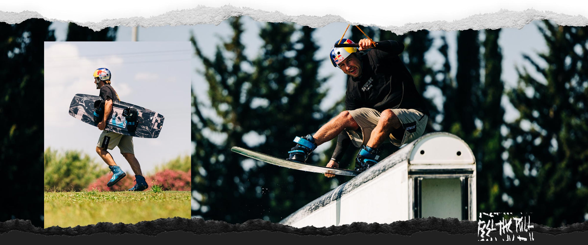 Wakeboarder in Red Bull helmet riding a rail on the Liquid Force Butterstick Pro wakeboard.