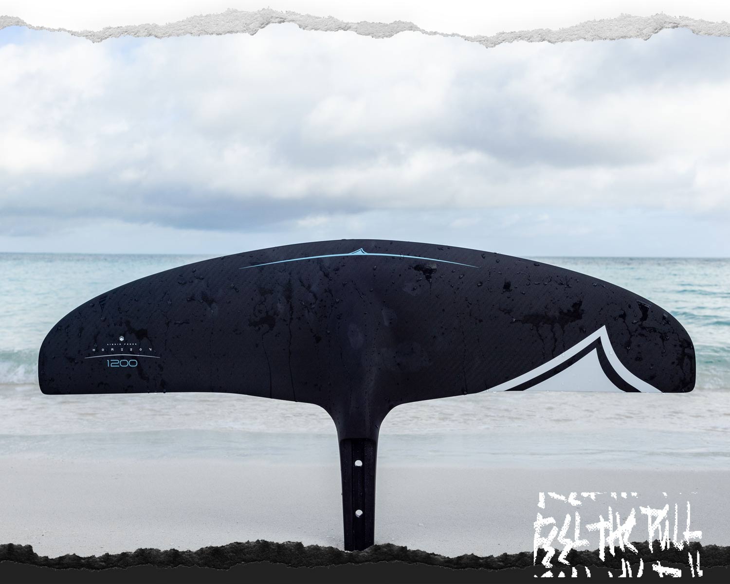 Black Carbon Horizon 1200 foil wing stands upright on wet sand near shoreline.