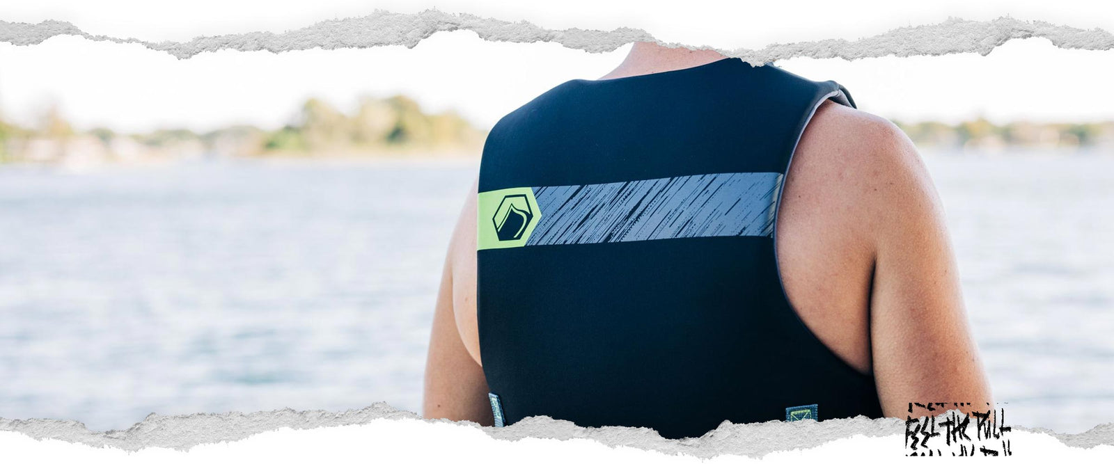 Back view of black and green Classic Hinge CGA vest with stripe detail and Liquid Force icon.