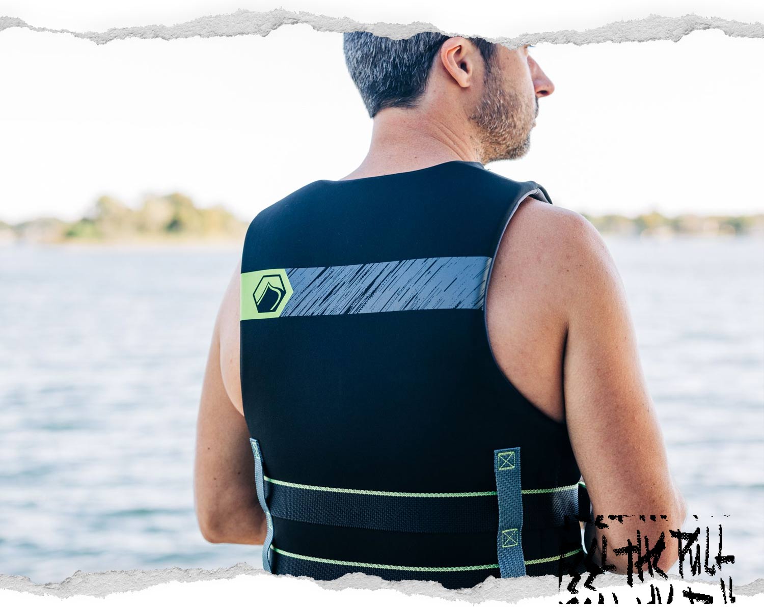 Back view of black and green Classic Hinge CGA vest with stripe detail and Liquid Force icon.