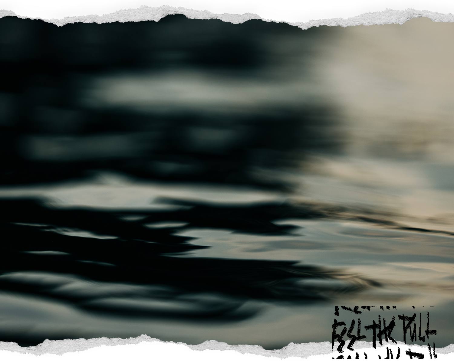 Abstract close-up of dark water ripples with soft reflections and torn-edge framing.