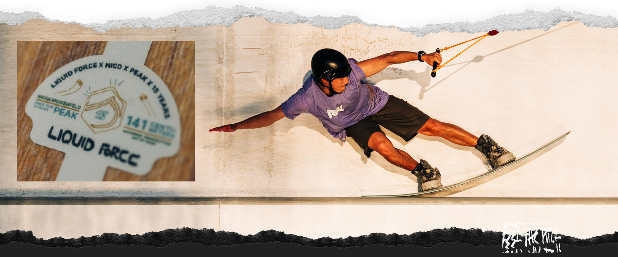 Rider carves on a wall ride wearing a helmet and purple tee with a Peak wakeboard and boots.
