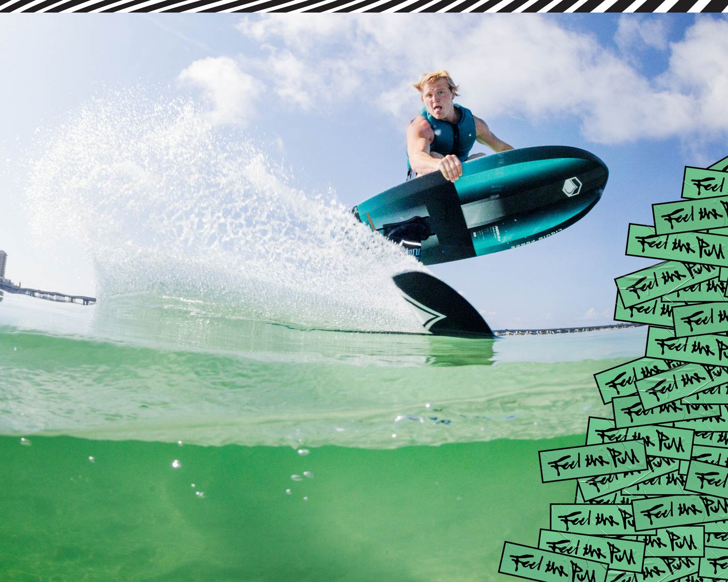 Rider jumps above green water using Carbon Horizon FuseLock hydrofoil setup.