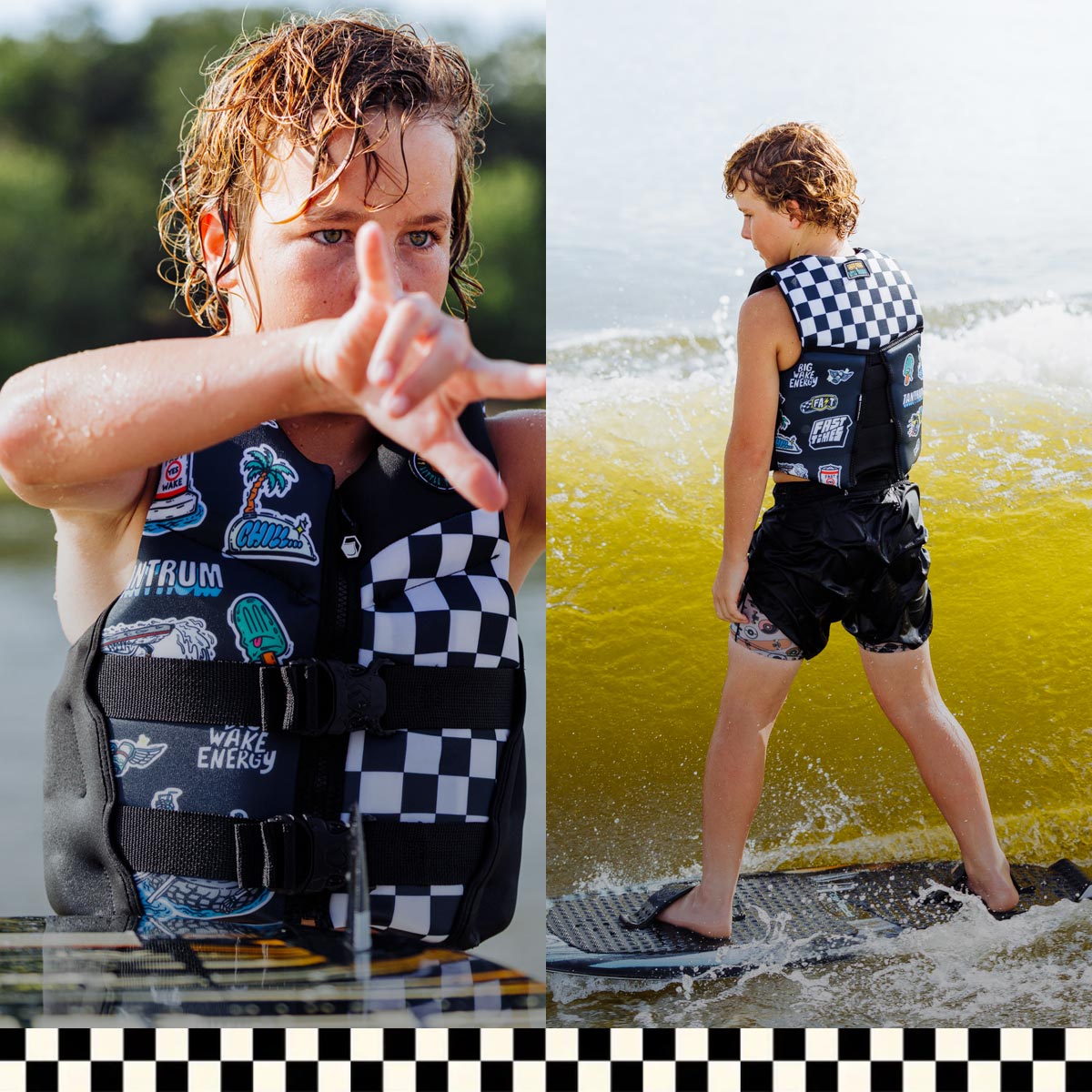 Kid wakesurfing with new Little Trouble Vest