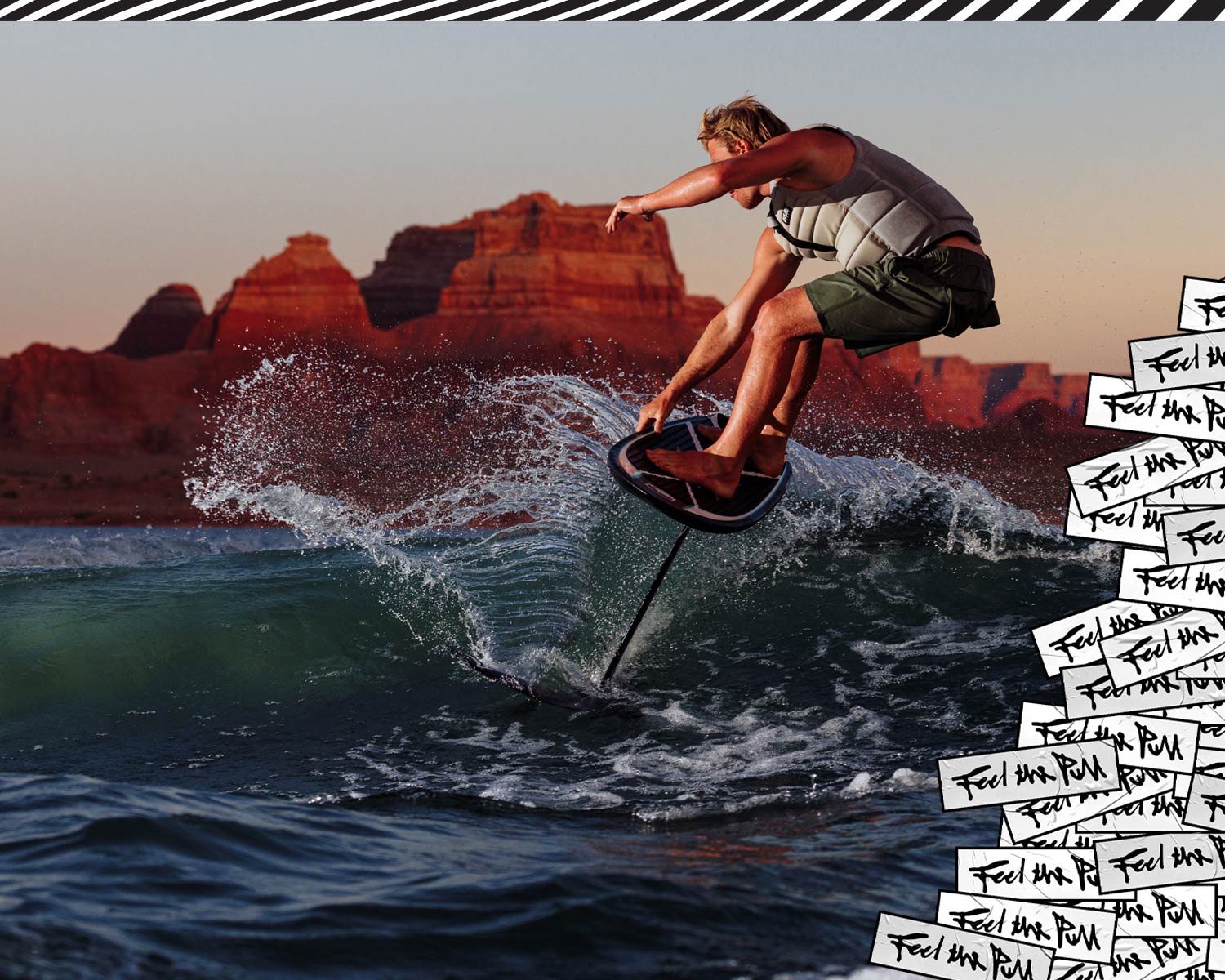 Rider carves across wave at sunset using Carbon Stratus FuseLock foil setup.