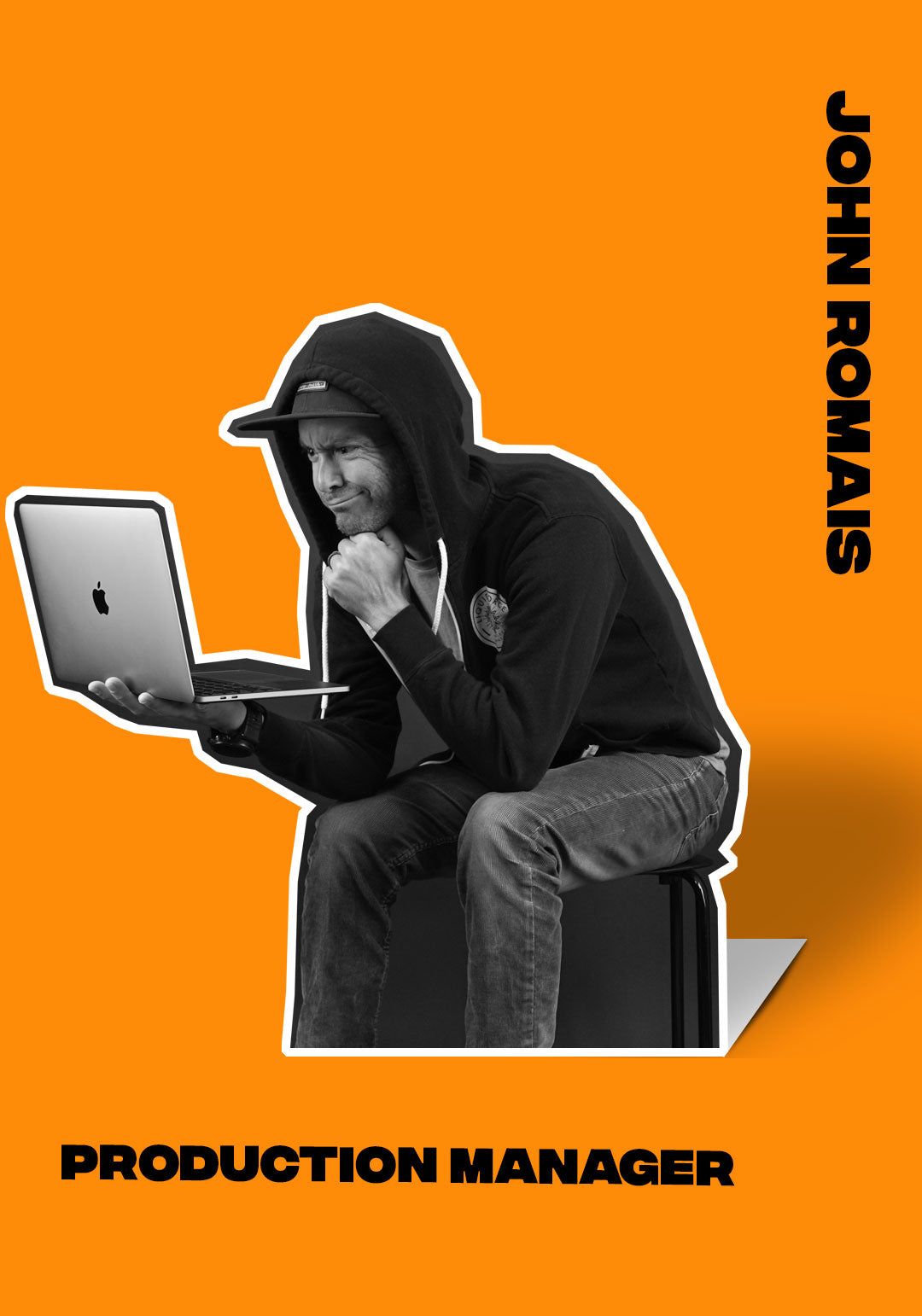 Person in hoodie using a laptop with text: John Romais.