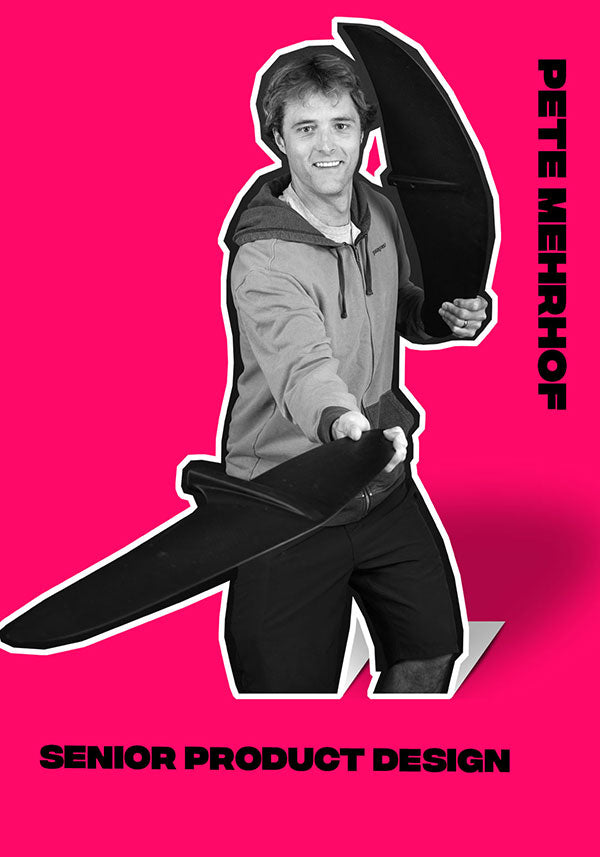 Person with large fins, pink setting, text: Senior Product Design and Pete Mehrhof.