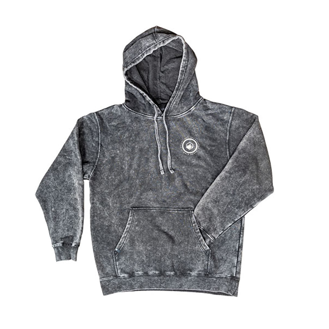 Top view of the 24 Insight Pullover sweatshirt in gray with a white logo on the chest.