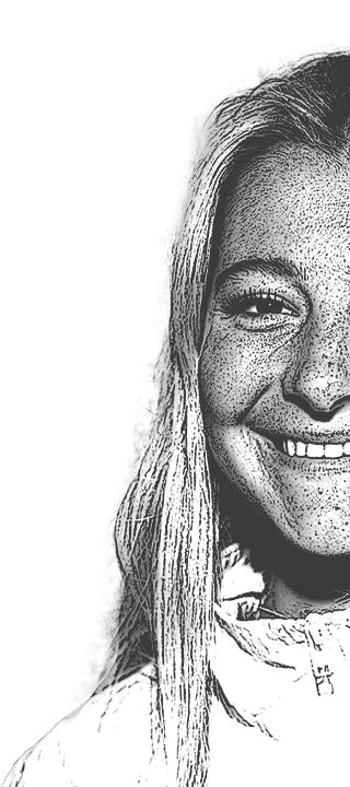 Sketch of a smiling person with long hair, exuding warmth and positivity.