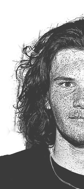 Stylized sketch of a person with curly hair and a black shirt, capturing elegance.