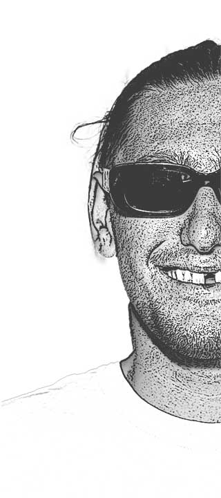 Sketch of a smiling person in sunglasses, half their face visible, exuding cool confidence.