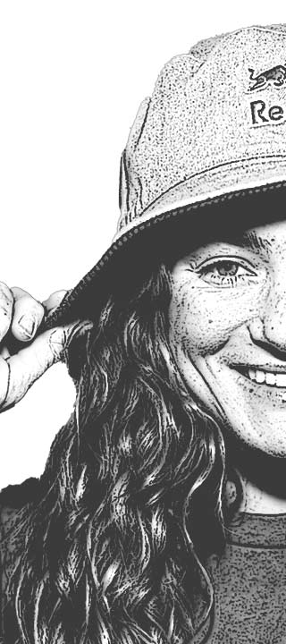 Stylish woman with long hair in a hat, smiling in a chic black and white sketch.