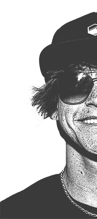 Sketch of a smiling person in sunglasses, half their face visible, wearing a hat.