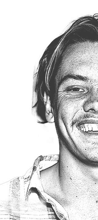 Illustrated close-up of a smiling person with a mustache, wearing a plaid shirt and vibrant glasses.