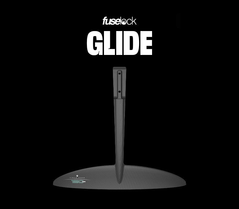 Front view of Liquid Force Glide foil wing with fuselock system on black background.