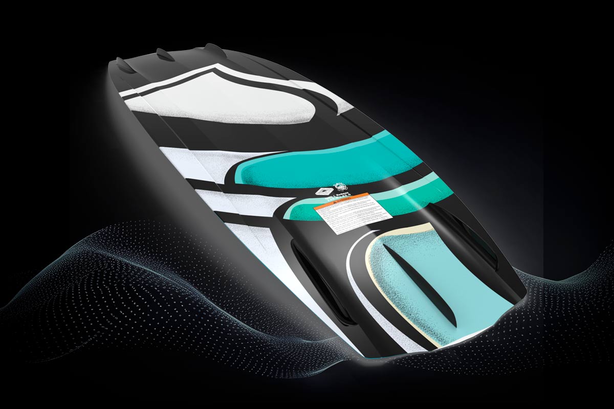 Bottom view of red and orange Liquid Force wakeboard with logo strip and molded fins.