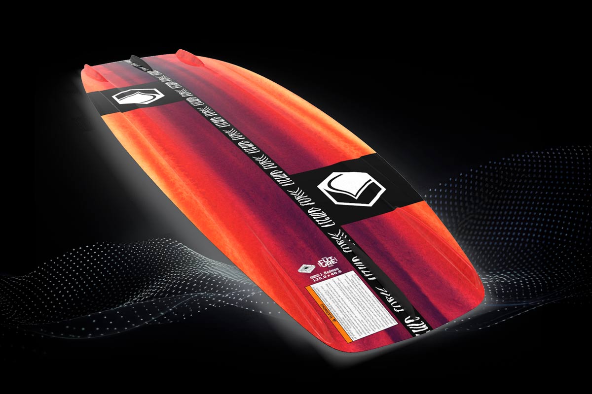 Bottom view of red and orange Liquid Force wakeboard with logo strip and molded fins.